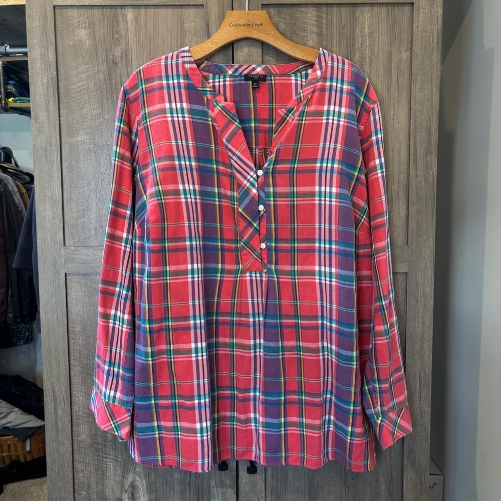 Talbots 2X Flannel Top Plaid Popover half button down Henley long sleeve